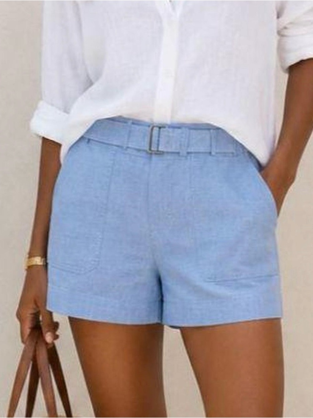 Vince chambray Light Blue Belted Shorts with patch pockets, size S beach casual